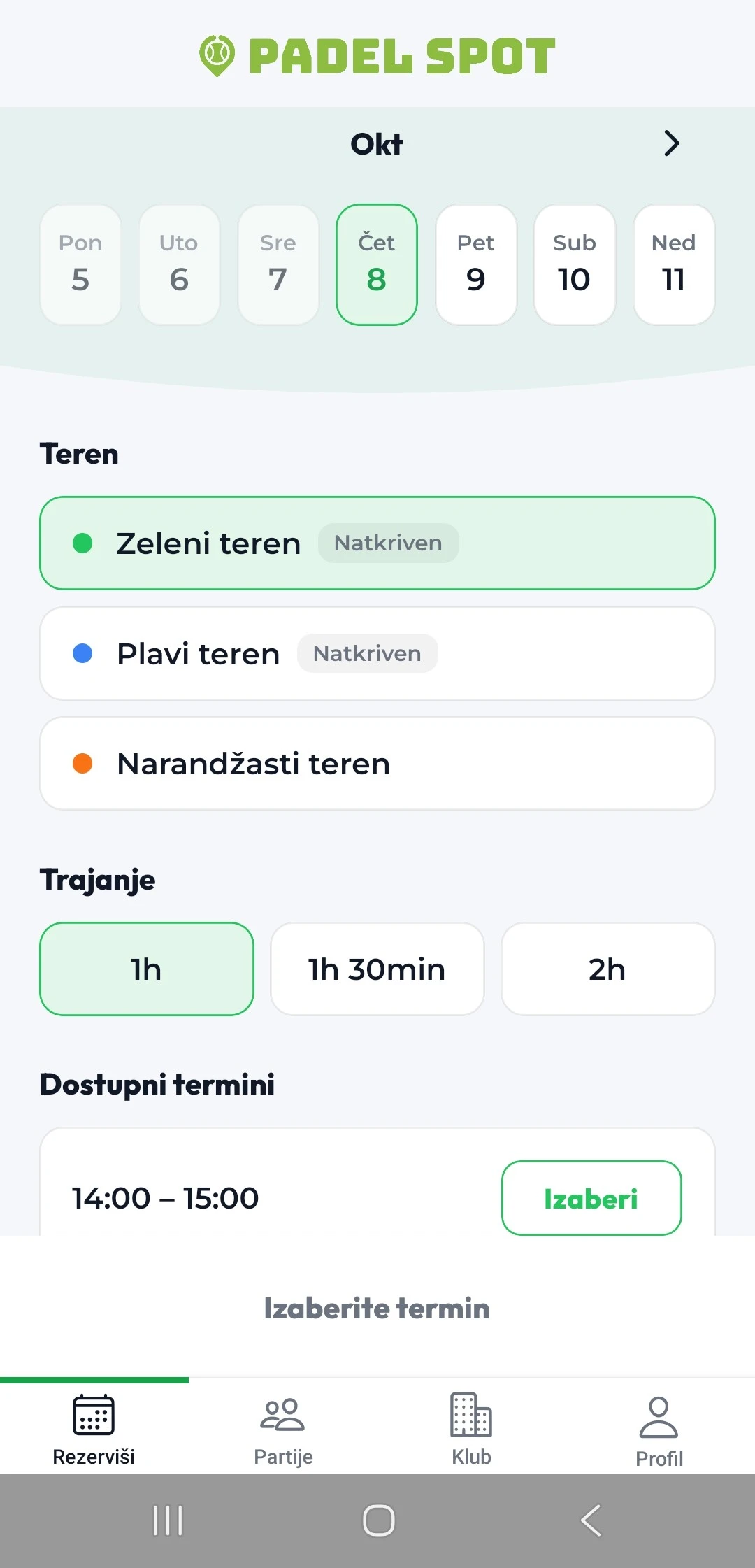 Aplikacija PadelSpot, ekran za rezervaciju: datumi u oktobru, tri terena, izbor trajanja i slobodan termin.
